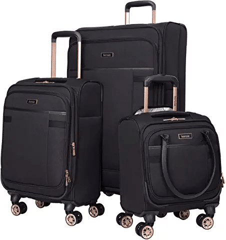 kensie Women's Hudson Softside 3-Piece Spinner Luggage Set, Black with Rose